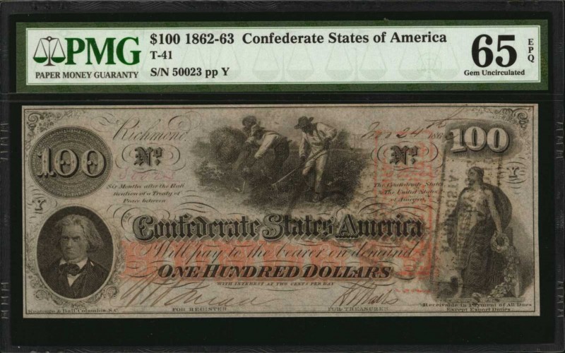 Confederate Currency
T-41. Confederate Currency. 1862-63 $100. PMG Gem Uncircul...