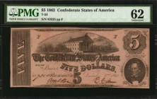 Confederate Currency
T-53. Confederate Currency. 1862 $5. PMG Uncirculated 62.
No. 93525. Plate F. PF-3. Cr. 383. Keatinge & Ball, Columbia, SC. PMG...