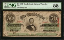 Confederate Currency
T-57. Confederate Currency. 1863 $50. PMG About Uncirculated 55.
No. 53683. Plate XA. PF-14. Cr. 412. Keatinge & Ball, Columbia...