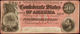 Confederate Currency
T-64. Confederate Currency. 1864 $500. Very Fine.
No. 37618, Plate D. A deep red overprint is observed on this evenly circulate...