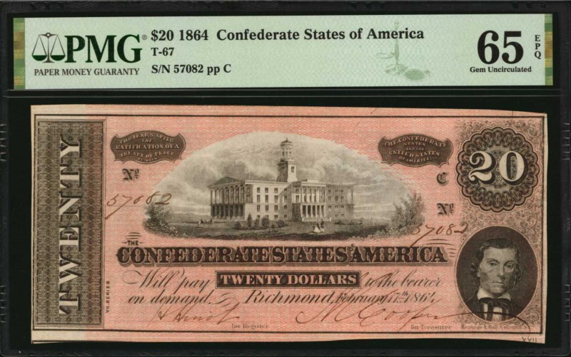 Confederate Currency
T-67. Confederate Currency. 1864 $20. PMG Gem Uncirculated...