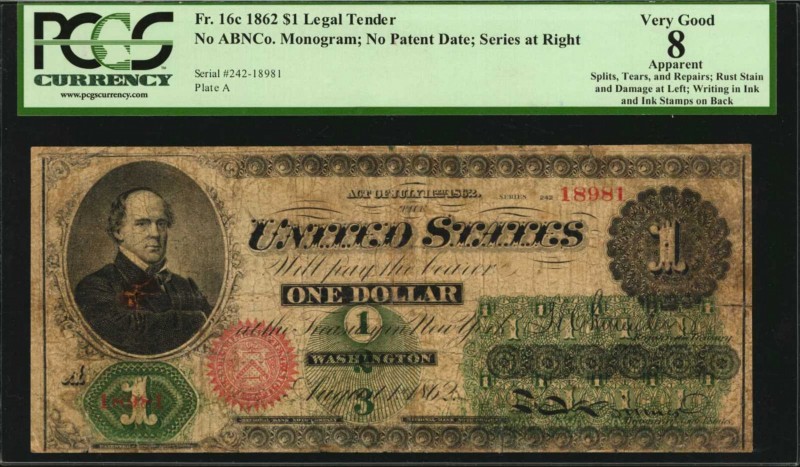 Legal Tender Notes
Fr. 16c. 1862 $1 Legal Tender Note. PCGS Currency Very Good ...