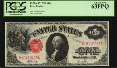 Legal Tender Notes
Fr. 38m. 1917 $1 Legal Tender Mule Note. PCGS Currency Choice New 63 PPQ.
Mule. Cherry red seal color, deep printing, and wide ma...