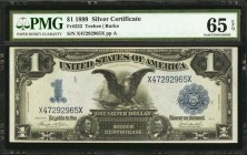 Silver Certificates
Fr. 233. 1899 $1 Silver Certificate. PMG Gem Uncirculated 65 EPQ.
An ideally preserved Teehee-Burke signed Black Eagle note that...
