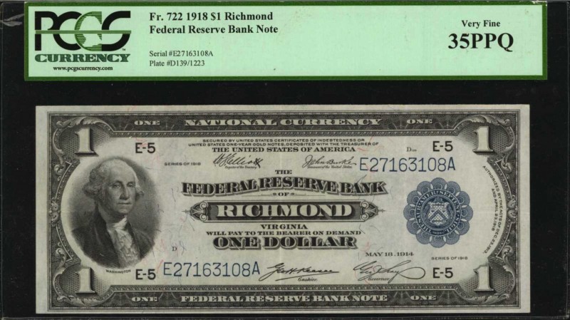 Federal Reserve Bank Notes
Fr. 722. 1918 $1 Federal Reserve Bank Note. Richmond...