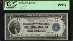 Federal Reserve Bank Notes
Fr. 722. 1918 $1 Federal Reserve Bank Note. Richmond. PCGS Currency Very Fine 35 PPQ.
A mid-grade example of this Richmon...