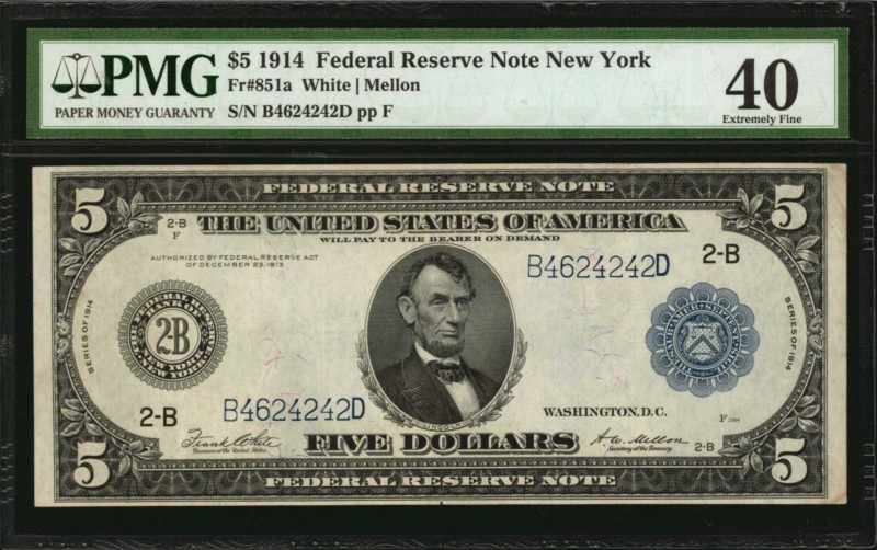 Federal Reserve Notes
Fr. 851a. 1914 $5 Federal Reserve Note. New York. PMG Ext...