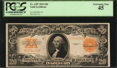 Gold Certificates
Fr. 1187. 1922 $20 Gold Certificate. PCGS Currency Extremely Fine 45.
An appealing mid grade example of this $20 Gold Certificate ...