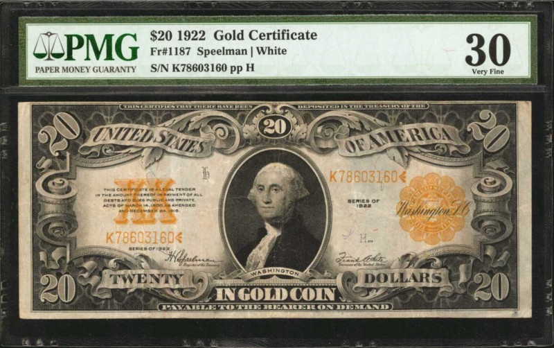 Gold Certificates
Fr. 1187. 1922 $20 Gold Certificate. PMG Very Fine 30.
Bold ...