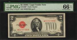 Legal Tender Notes
Fr. 1508*. 1928G $2 Legal Tender Star Note. PMG Gem Uncirculated 66 EPQ.
A sharply printed and well margined Clark-Snyder signed ...