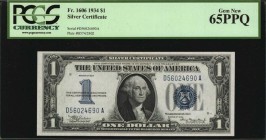 Silver Certificates
Fr. 1606. 1934 $1 Silver Certificate. PCGS Currency Gem New 65 PPQ.
Dark blue overprints and bright paper add to the appeal of t...