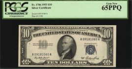 Silver Certificates
Fr. 1706. 1953 $10 Silver Certificate. PCGS Currency Gem New 65 PPQ.
A lovely Gem example of this $10 Silver Certificate from th...