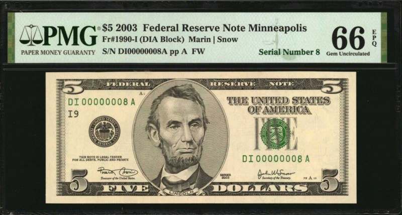 Federal Reserve Notes
Fr. 1990-I. 2003 $5 Federal Reserve Note. Minneapolis. PM...