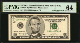 Federal Reserve Notes
Fr. 1990-J. 2003 $5 Federal Reserve Note. Kansas City. PMG Choice Uncirculated 64. Serial Number 8.
A low serial number of "DJ...
