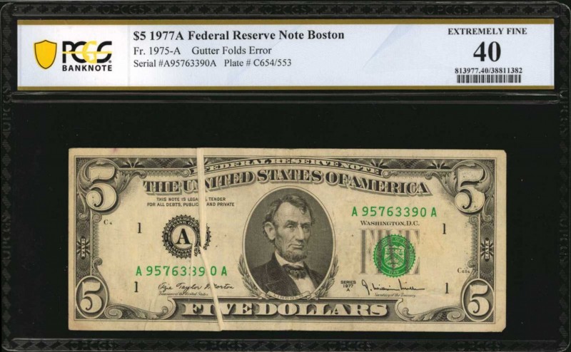 Gutter Folds
Fr. 1975-A. 1977A $5 Federal Reserve Note. Boston. PCGS Banknote E...