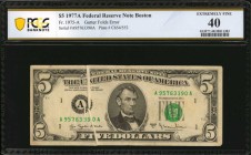 Gutter Folds
Fr. 1975-A. 1977A $5 Federal Reserve Note. Boston. PCGS Banknote Extremely Fine 40. Gutter Folds Error.
Gutter fold errors are present ...