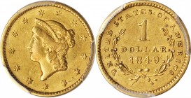 Gold Dollar
1849 Gold Dollar. Open Wreath, With L. AU-50 (PCGS).
PCGS# 7502. NGC ID: 25B9.
From our (Coin Galleries') sale of July 1997, lot 1994. ...