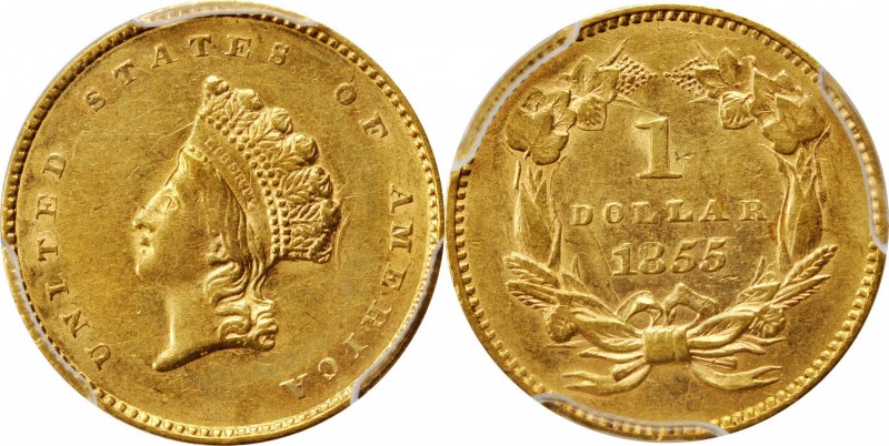 Gold Dollar
1855 Gold Dollar. Type II. AU-55 (PCGS).
PCGS# 7532. NGC ID: 25C4....