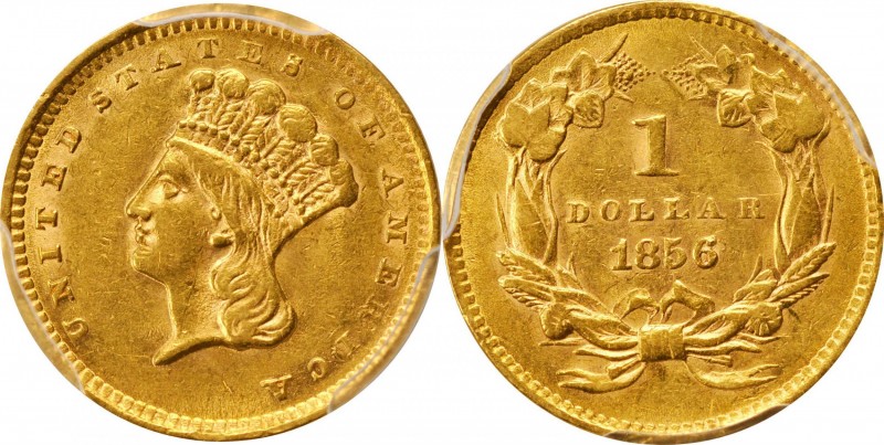 Gold Dollar
1856 Gold Dollar. Upright 5. AU-58 (PCGS).
PCGS# 7541. NGC ID: 25C...