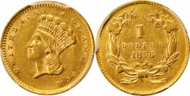 Gold Dollar
1856 Gold Dollar. Upright 5. AU-58 (PCGS).
PCGS# 7541. NGC ID: 25CA.
From the Naples Bay Collection. 
Estimate: $300