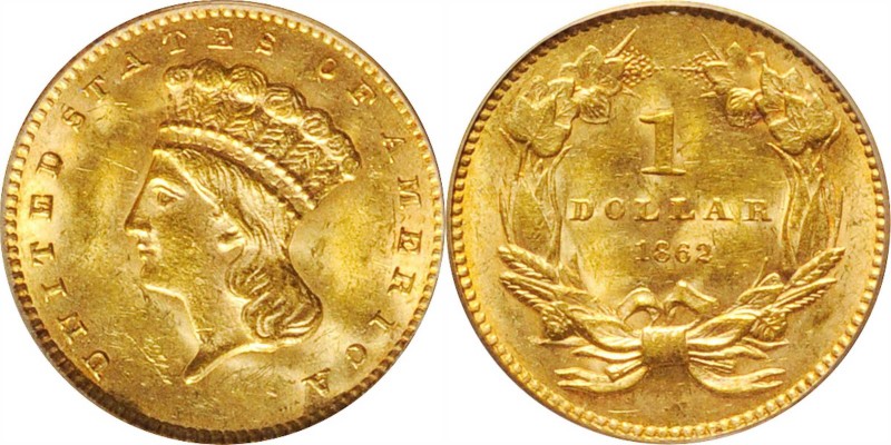 Gold Dollar
1862 Gold Dollar. MS-63 (PCGS).
PCGS# 7560. NGC ID: 25CW.
Estimat...
