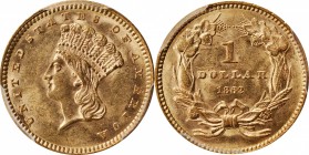Gold Dollar
1862 Gold Dollar. MS-61 (PCGS).
PCGS# 7560. NGC ID: 25CW.
Estimate: $375