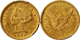 Liberty Head Quarter Eagle
1851 Liberty Head Quarter Eagle. AU-55 (PCGS).
PCGS# 7759. NGC ID: 25HL.
From the Monterrey Collection.
Estimate: $220