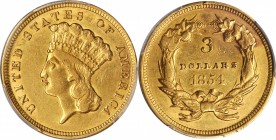 Three-Dollar Gold Piece
1854 Three-Dollar Gold Piece. AU Details--Cleaned (PCGS).
PCGS# 7969. NGC ID: 25M3.
Estimate: $600