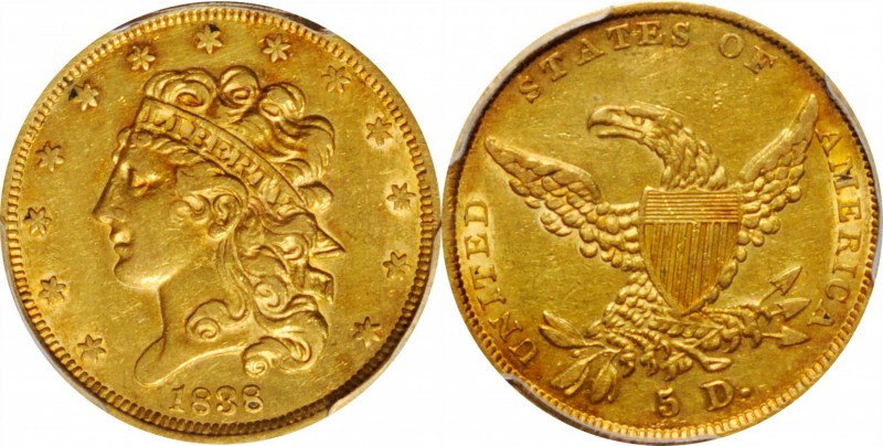 Classic Head Half Eagle
1838 Classic Head Half Eagle. HM-1. Rarity-3. EF-40 (PC...