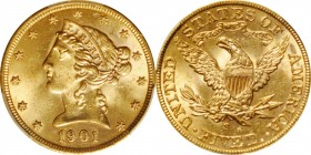 Liberty Head Half Eagle
1901-S Liberty Head Half Eagle. MS-64+ (PCGS).
PCGS# 8404. NGC ID: 25YX.
From the Naples Bay Collection. 
Estimate: $700