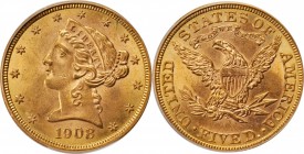 Liberty Head Half Eagle
1908 Liberty Head Half Eagle. MS-63 (PCGS).
PCGS# 8418. NGC ID: 25ZE.
From the Monterrey Collection.
Estimate: $500