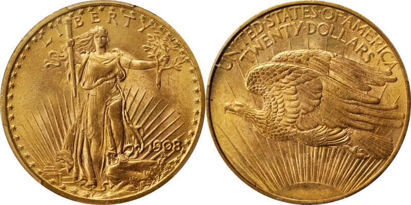 Saint-Gaudens Double Eagle
1908 Saint-Gaudens Double Eagle. No Motto. MS-65 (PC...