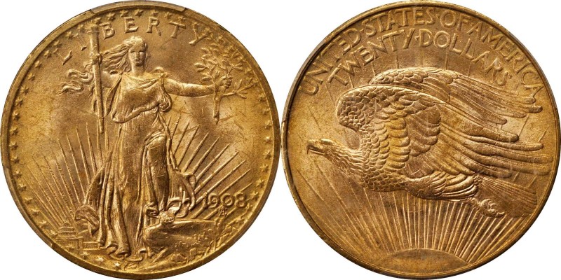 Saint-Gaudens Double Eagle
1908 Saint-Gaudens Double Eagle. No Motto. MS-64 (PC...