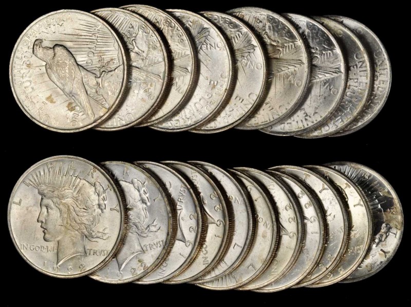 Rolls
Lot of (20) 1922 Peace Silver Dollars. Average MS-60 to MS-62.
Nearly al...