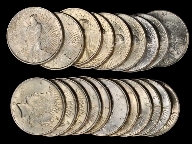 Rolls
Lot of (20) 1923 Peace Silver Dollars. Average MS-60 to MS-62.
Mostly wi...