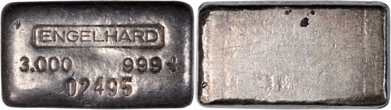 Ingots
Engelhard Silver Ingot. No. 02495. 3.000 Ounces. 999+ Fine.
39 mm x 22 ...