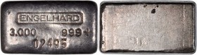 Ingots
Engelhard Silver Ingot. No. 02495. 3.000 Ounces. 999+ Fine.
39 mm x 22 mm x 12 mm.
Estimate: $90