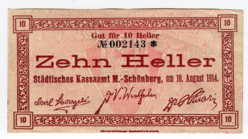Czechoslovakia 10 Heller 1914 Notgeld
Schonberg - Sumperk; XF
