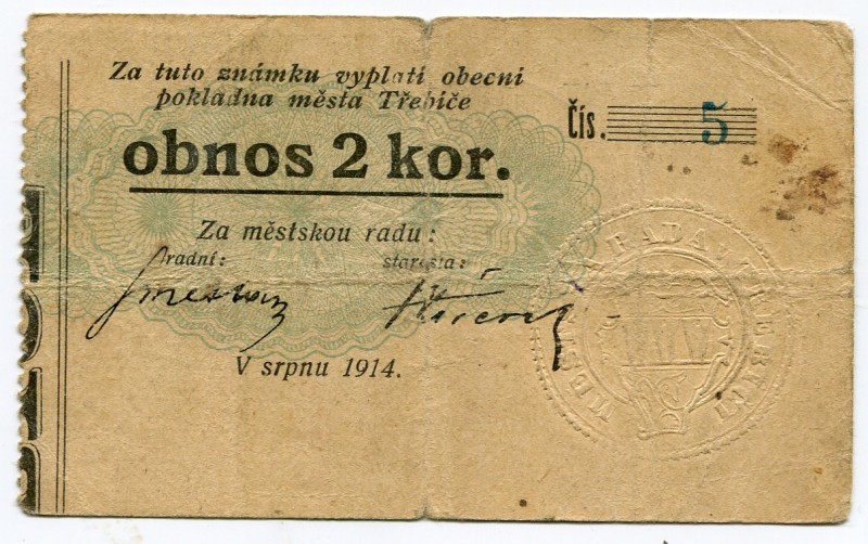 Czechoslovakia 2 Koruny 1914 Trebice
Bohemia & Moravia, Trebice; № 5; VF