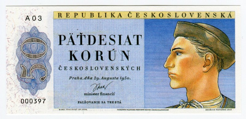 Czechoslovakia 50 Korun 1950 
Podle Vzoru Nevydané Státovky 50 Kčs 29.8.1950