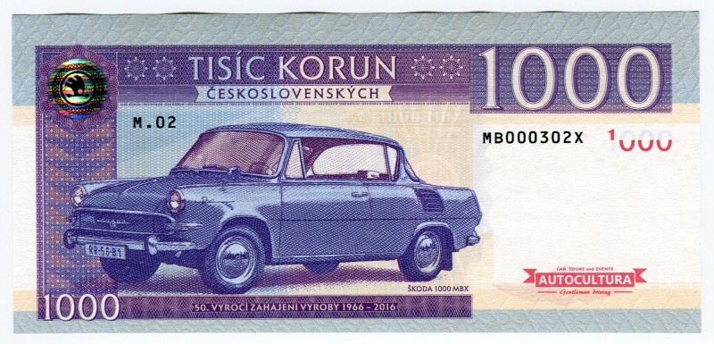 Czech Republic 1000 Korun 2016 Specimen "Škoda 1000 MBX"
# MB000302X;Gabris ban...