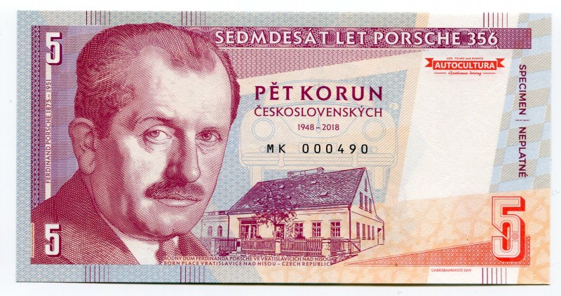 Czech Republic 5 Korun 2018 Specimen "Porshe 356"
Fantasy Banknote; Limited Edi...