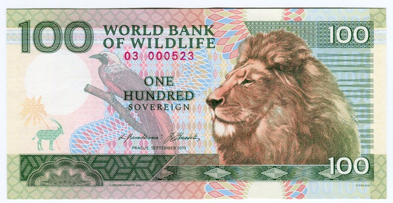 Czech Republic 100 Sovereign 2019 Specimen "World Bank of Wildlife"
# 3 000 523...
