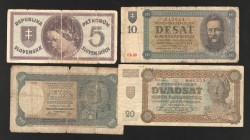 Slovakia 5-10-20-100 Korun 1940 -1944
P# 6a,7a,8a,10a; All not specimens; G-F