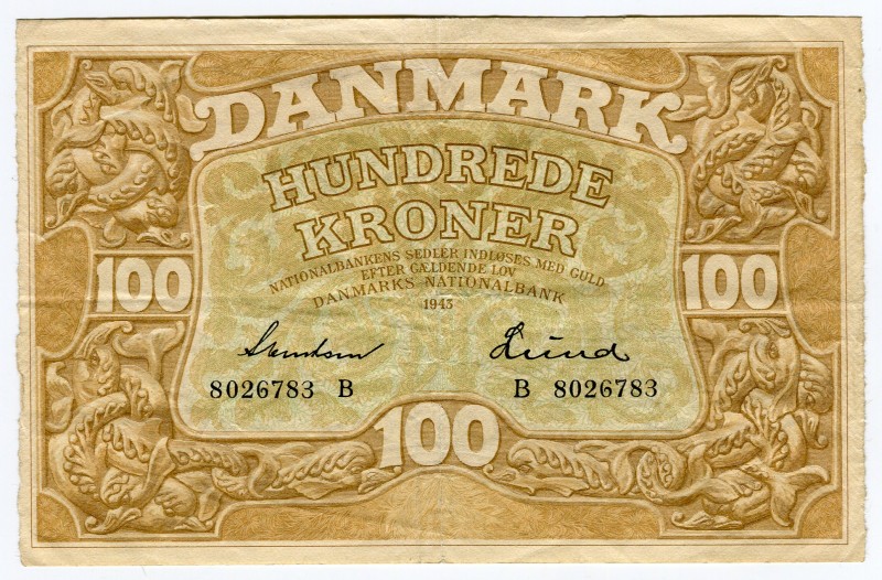 Denmark 100 Kroner 1943
P# 33d; VF
