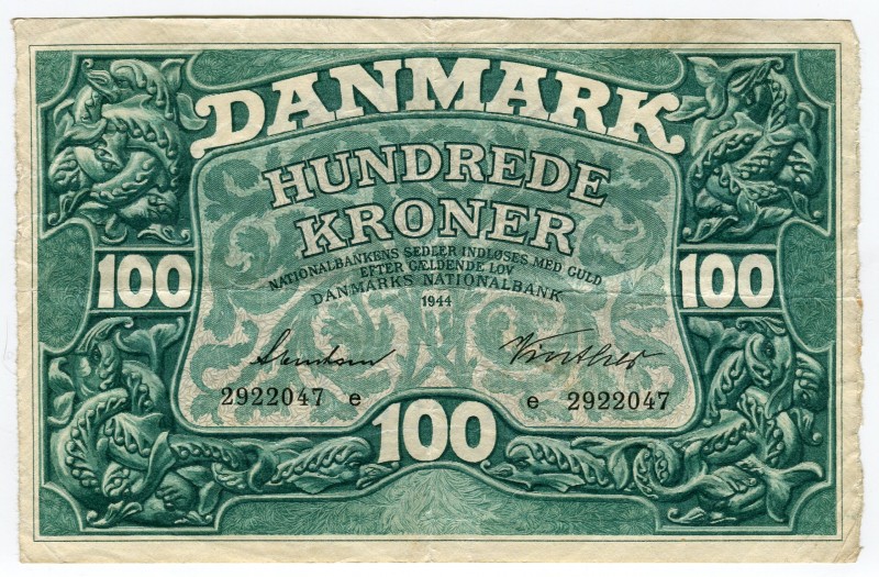 Denmark 100 Kroner 1944
P# 39a; VF