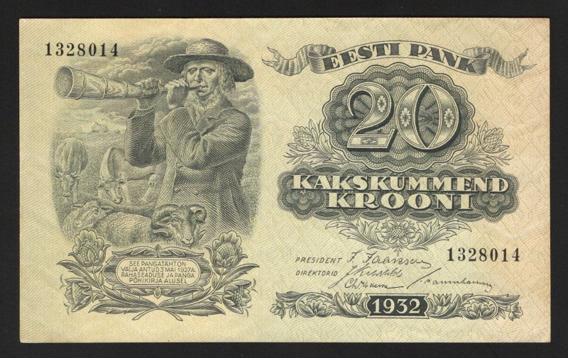 Estonia 20 Krooni 1932 
P# 64a; UNC-