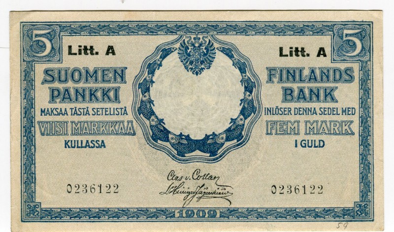 Finland 5 Markkaa 1909 Litt. A
P# 24a; UNC-