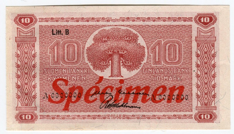 Finland 10 Mark 1945 Litt. B Specimen
P# 85s; UNC