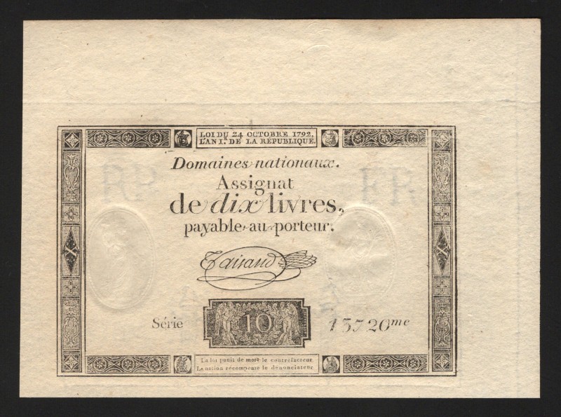 France 10 Livres 1792 
P# A66b; UNC